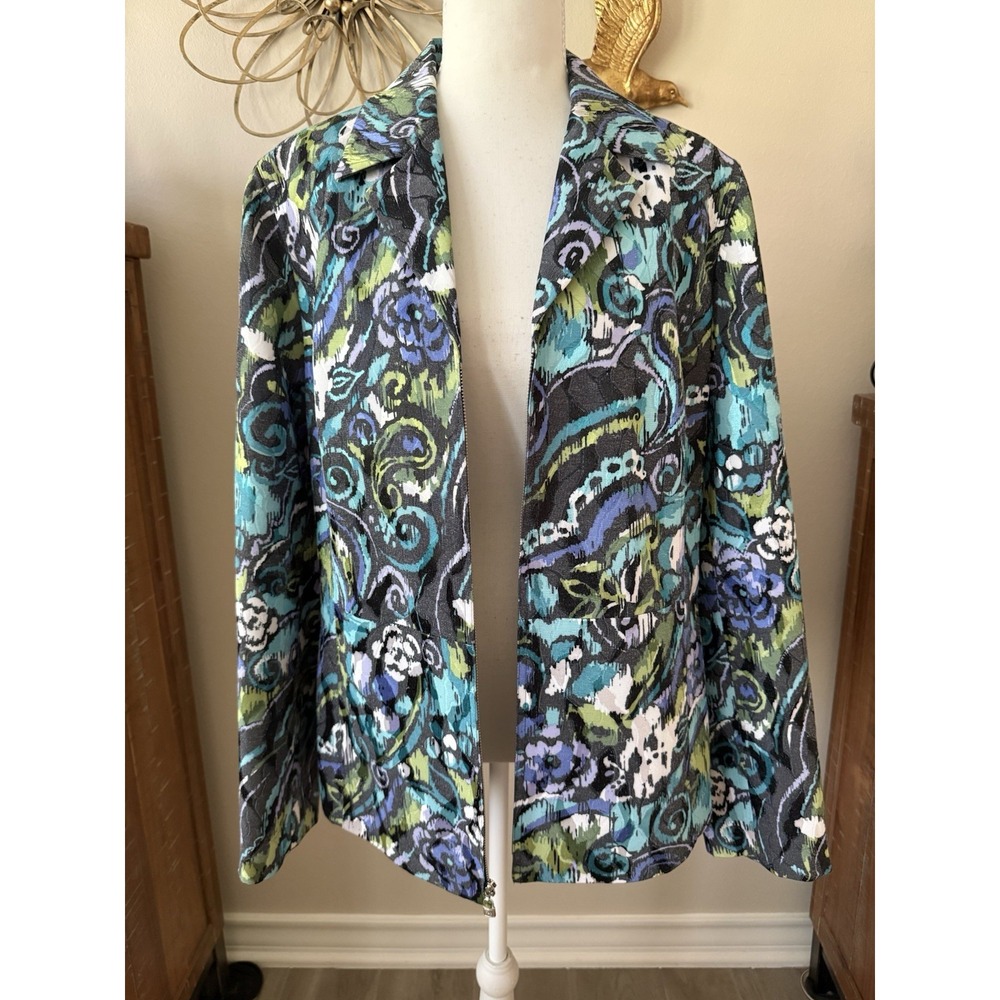 Peck & Peck Women 16 Abstract Floral Blazer Jacket Teal Blue Green Y2K Artsy
